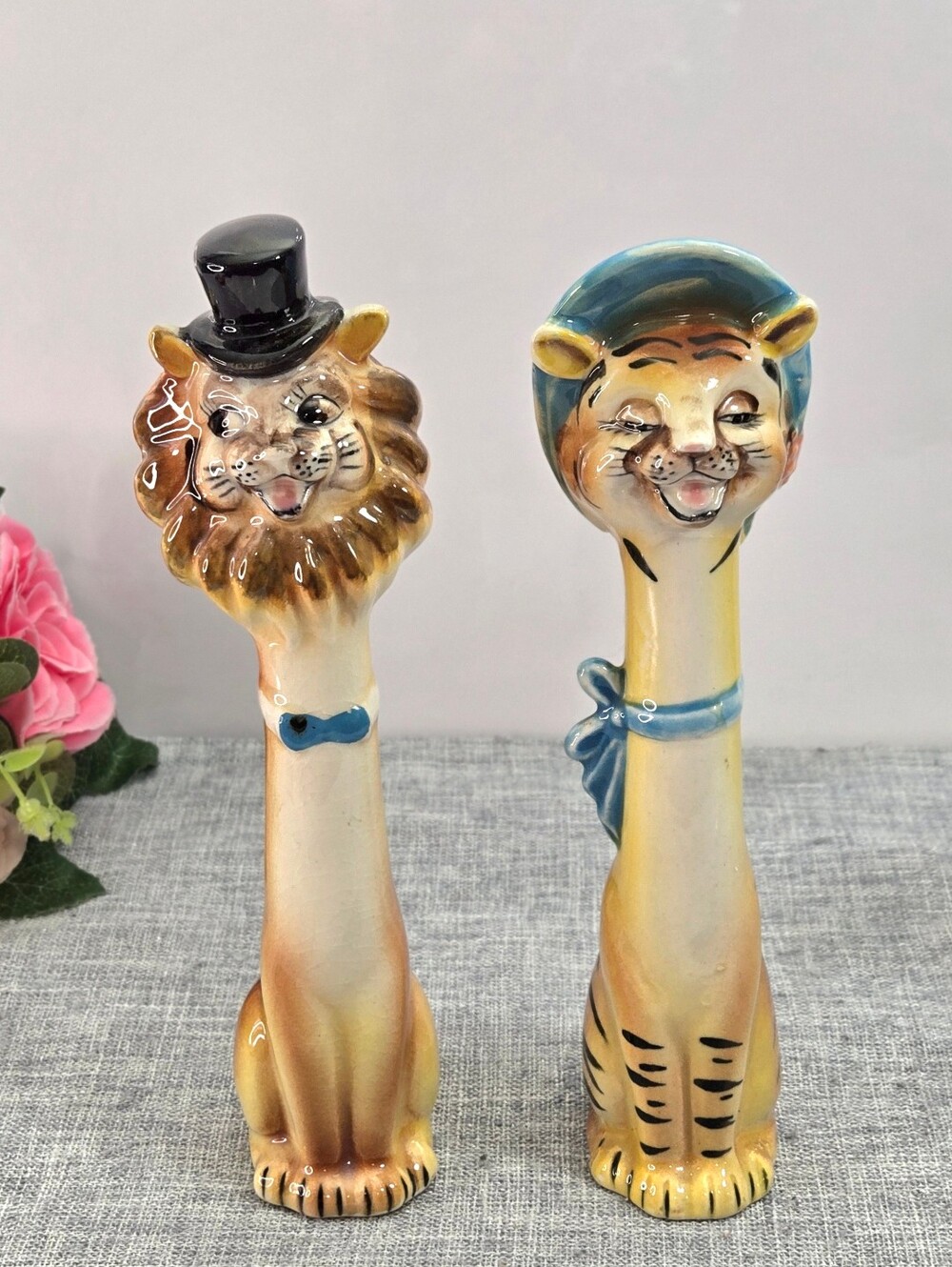 Vtg 1950s Anthropomorphic Long Neck Lion Tiger Salt Pepper Shakers Japan Zl3902